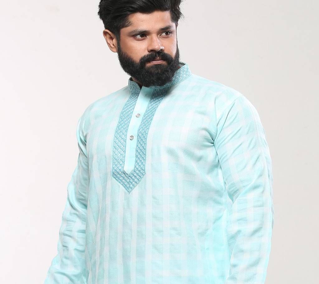 Mens Cotton Punjabi - Cyan Embroidery