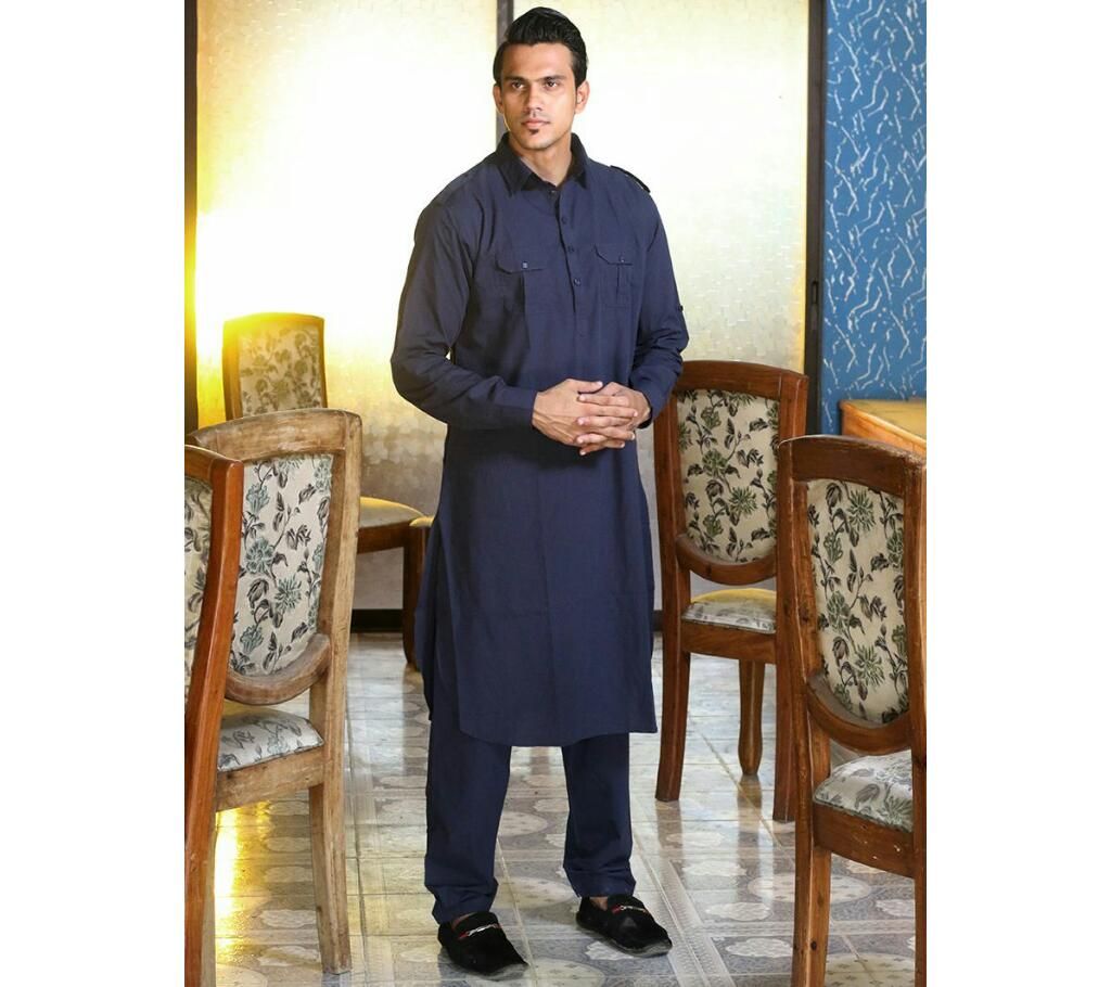 Navy Blue Men's Kabli Set Panjabi, Pajama