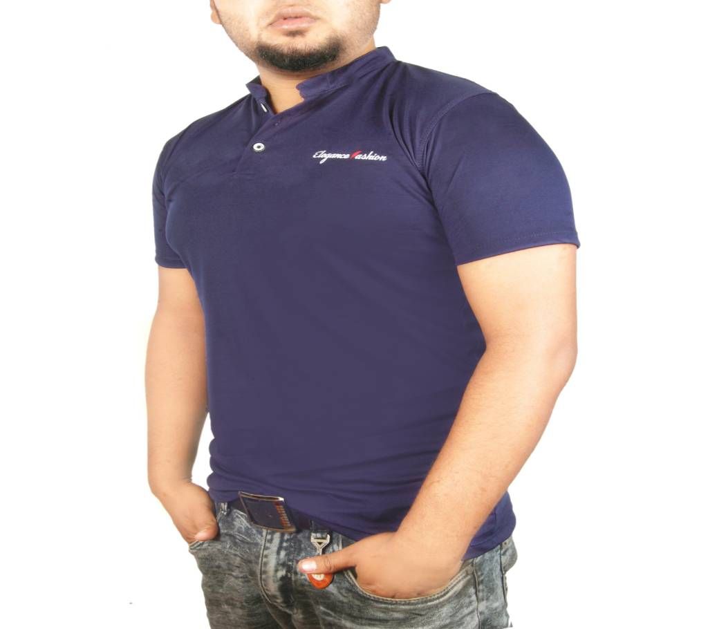 Exclusive Half Sleeve Band Collar T Shirt For Mens-Navy Blue