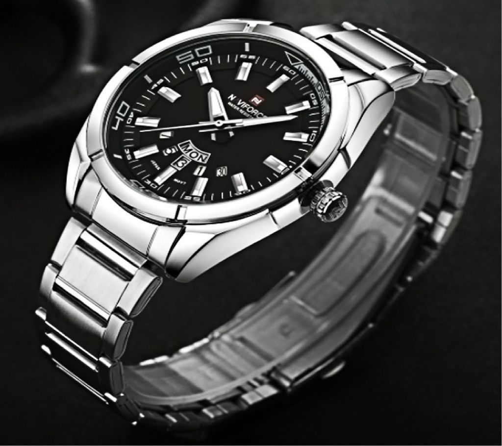 Naviforce 9038 Silver Black Luxury Men Quartz Stailness Steel watch week and date display