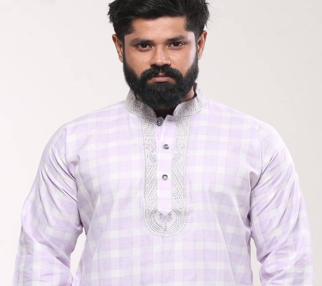 Mens Cotton Punjabi - Lavender Checkerbox Embroidery