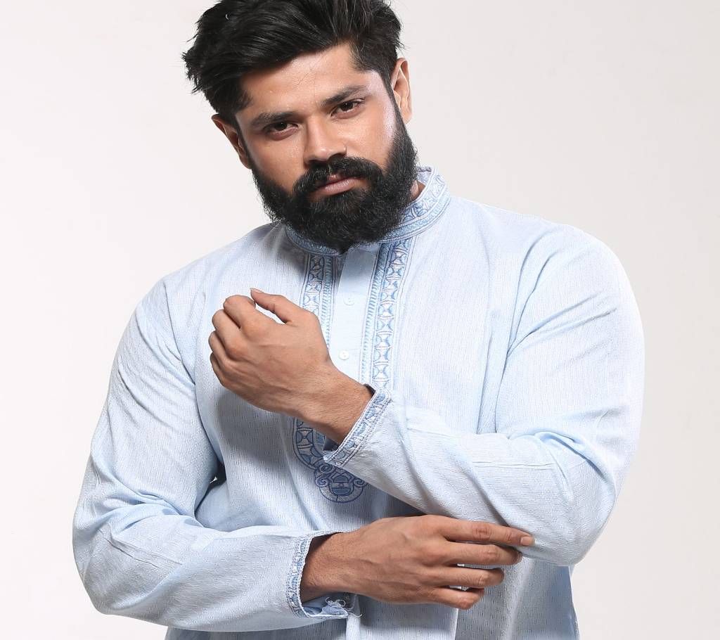 Mens Cotton Punjabi - Light Blue Embroidery