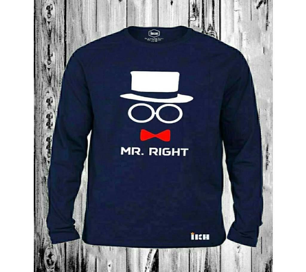 Mr. Right Full Sleeve T-Shirt for Man Navy Blue - 100% Cotton