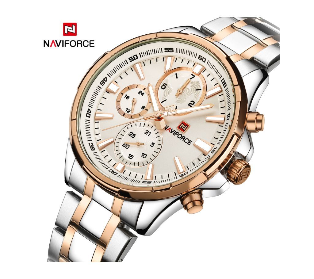 NAVIFORCE 9089 Rose Gold Silver Stainless Steel Chronograph Wrist Watch for Men