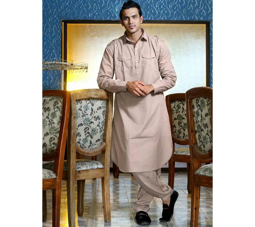 Cream Khaki Men's Kabli Set Panjabi, Pajama