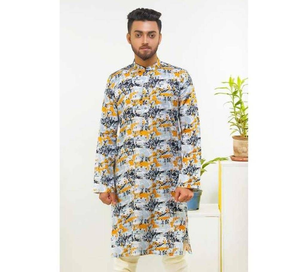 Cotton Casual Semi Long Black and Yellow Printed Punjabi for Men