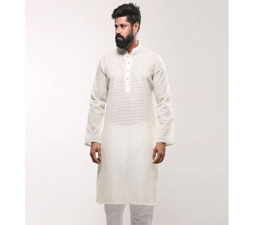 Mens Cotton Punjabi- White Water-Print Embroidery