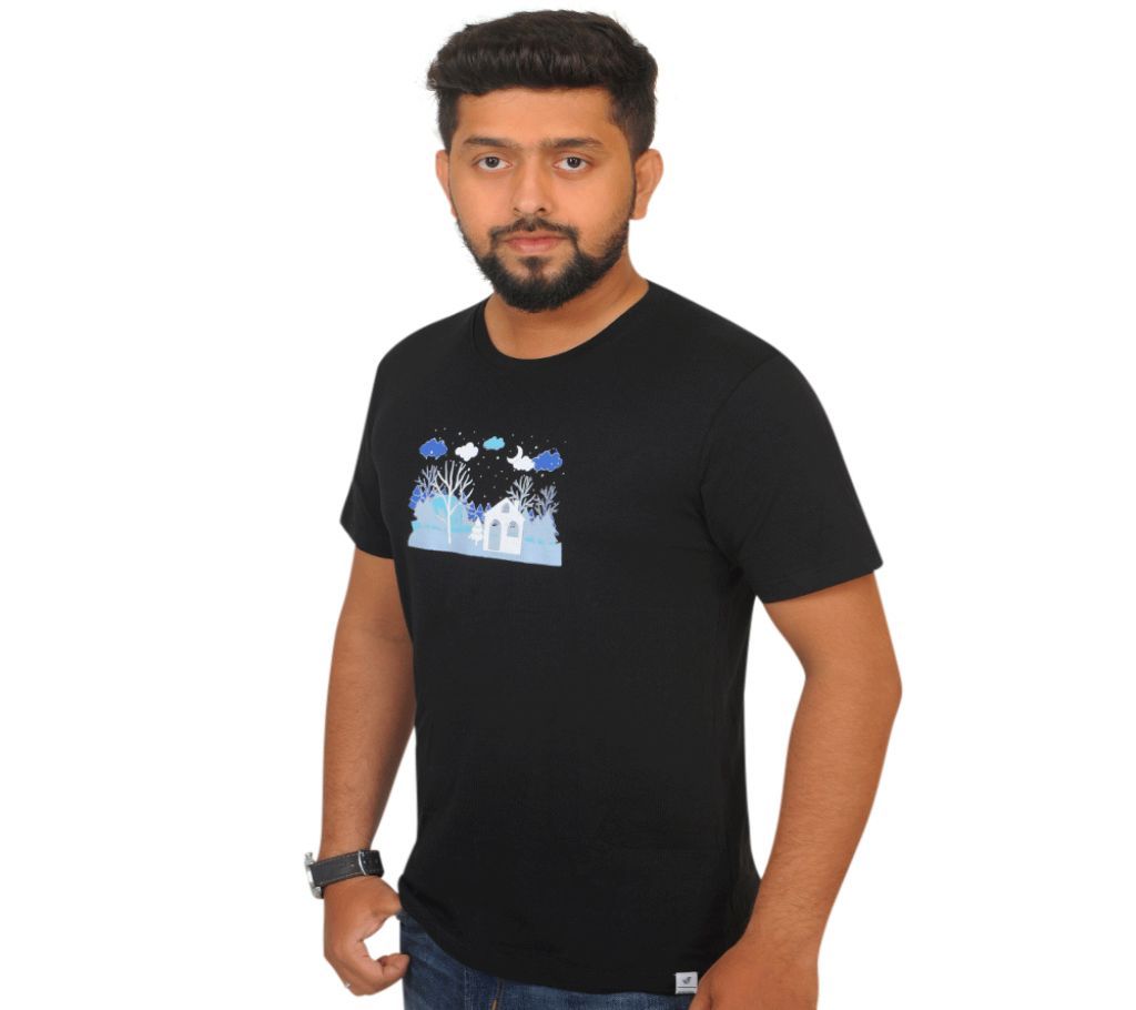 Designed Half Sleeve Cotton T shirt For Men-Black
