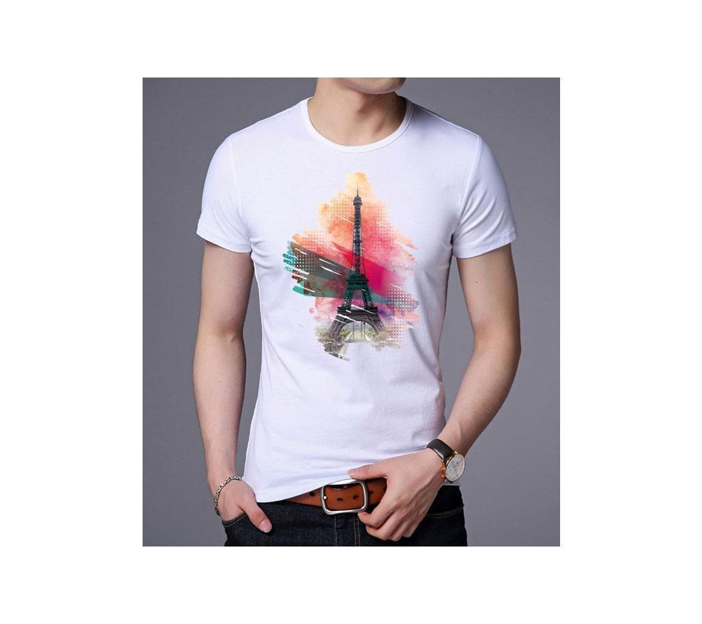 Eiffel Tower Mens Half Sleeve Cotton T-Shirt-White