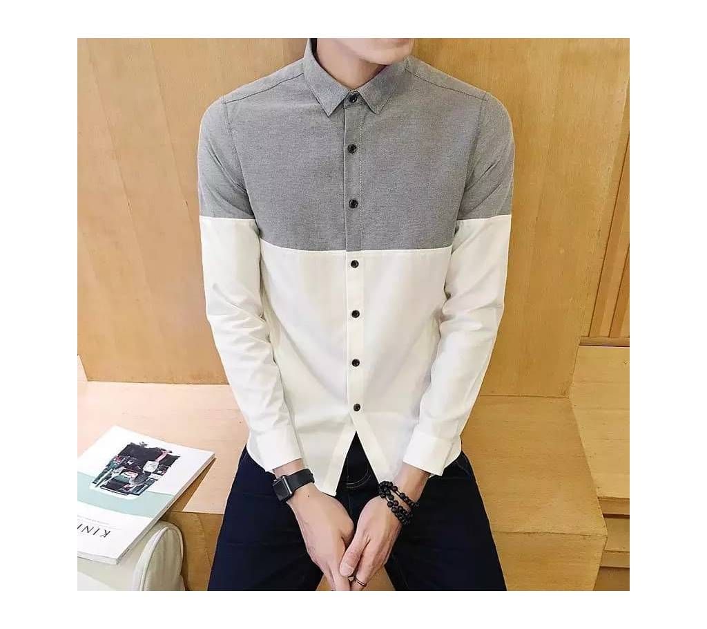 Gents Full Sleeve Casual Shirt-Ash and White