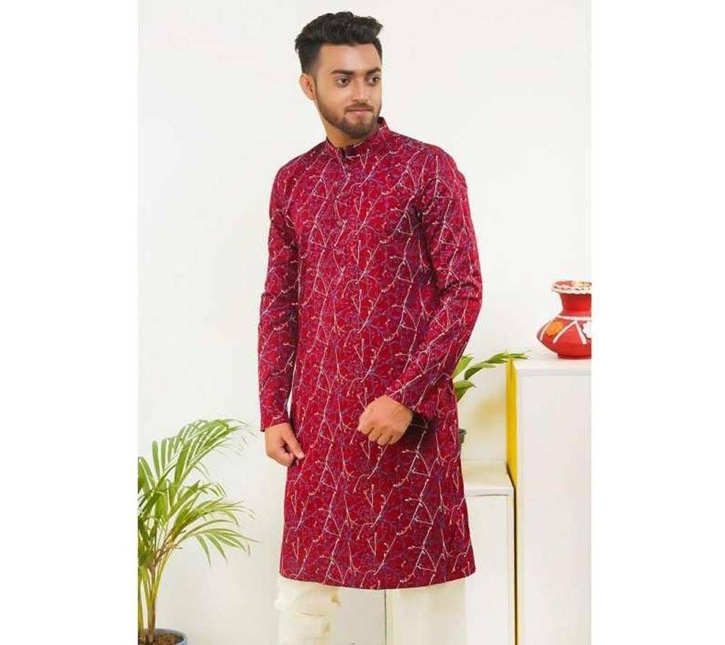 Cotton Casual Semi Long Red Leaf Design Printed Punjabi for Men