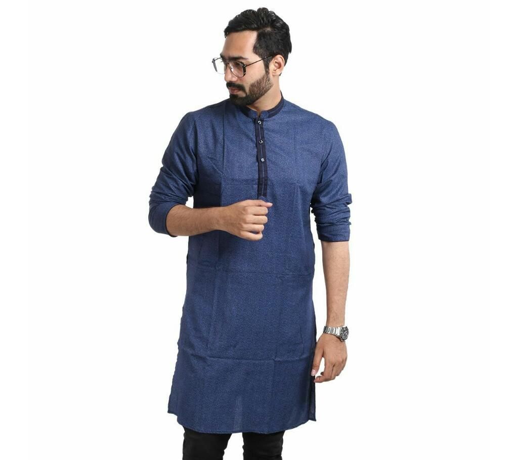 China Cotton Panjabi For Man Navy Blue with Neck Piping