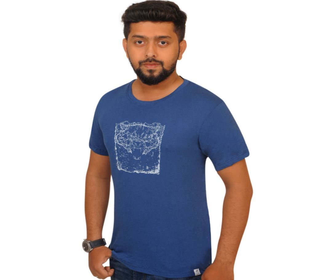 Wolf Design Half Sleeve Cotton T shirt For Men-Blue