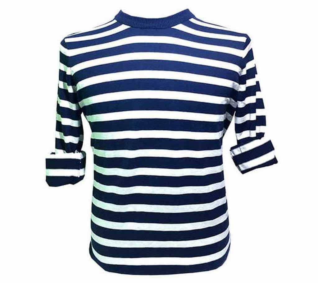 Navy Blue and White Striped Long Sleeve T-Shirt