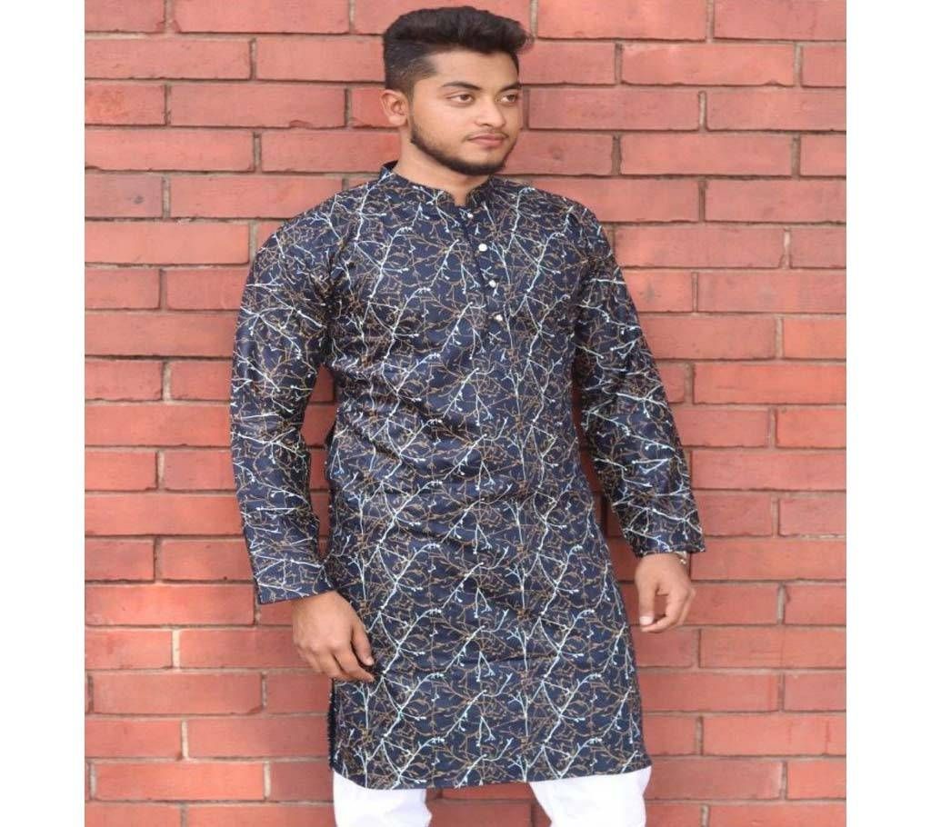 Menz Semi Long Panjabi  - Black Color With White And Gold Leaf Print - 190218