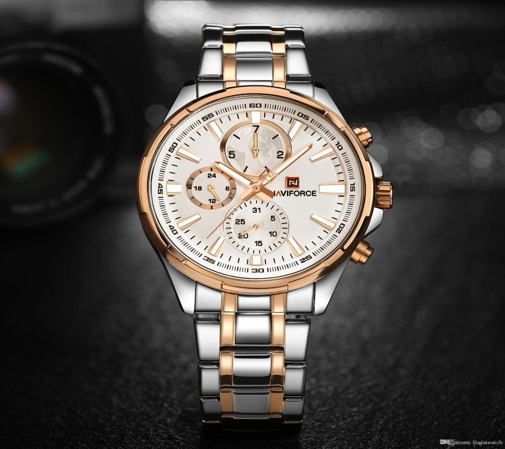 NAVIFORCE NF9089 Rose Gold Silver Stainless Steel Chronograph Wrist Watch for Men - 2019
