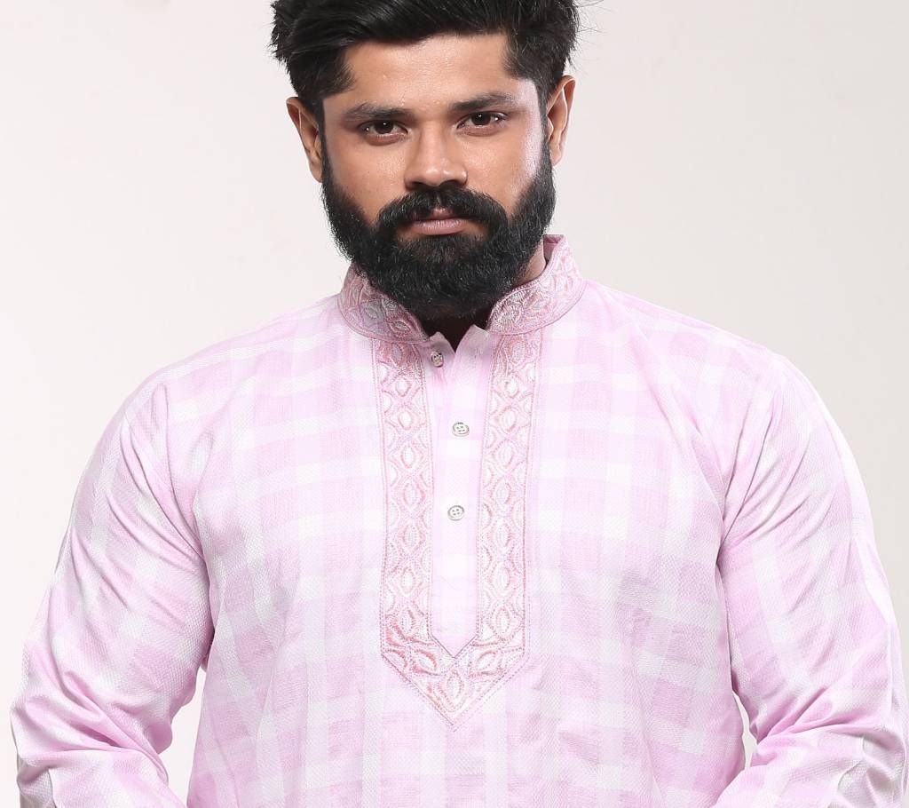 Mens Cotton Punjabi - Pink Checkerbox Embroidery