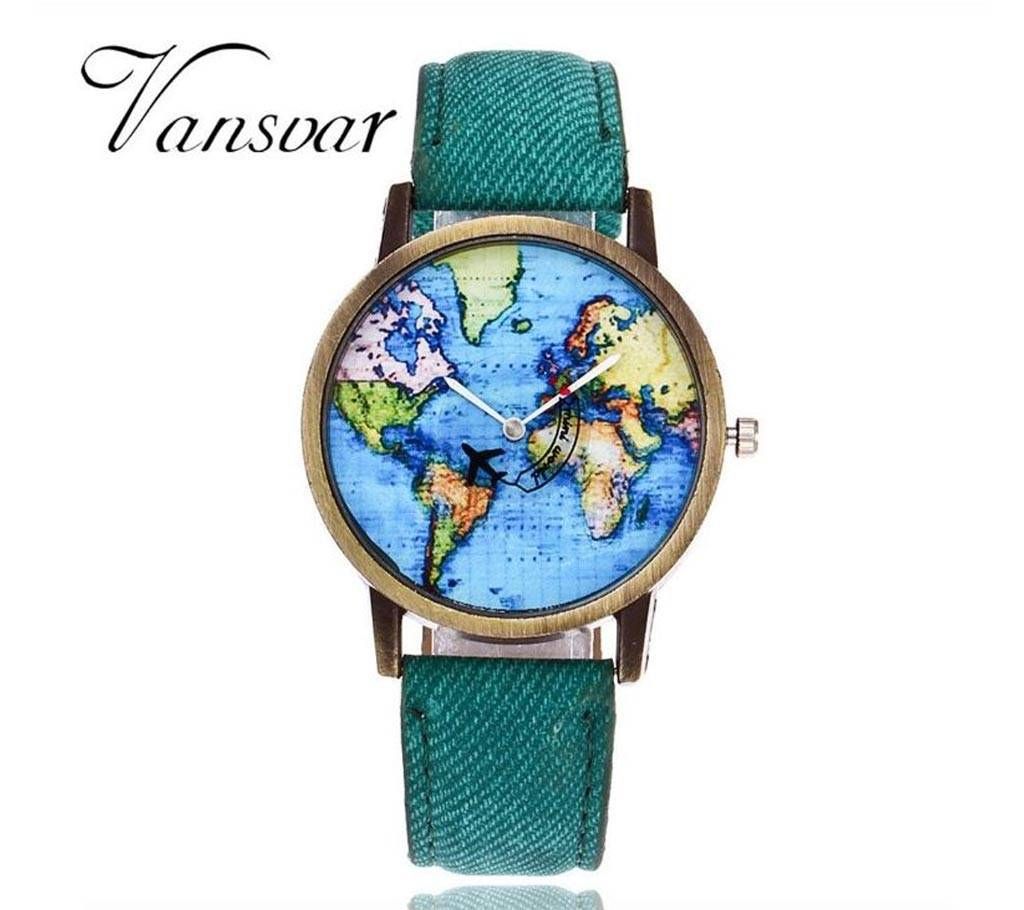 Vansvar Brand Fashion Plane And World Map Denim Fabric Band Watch