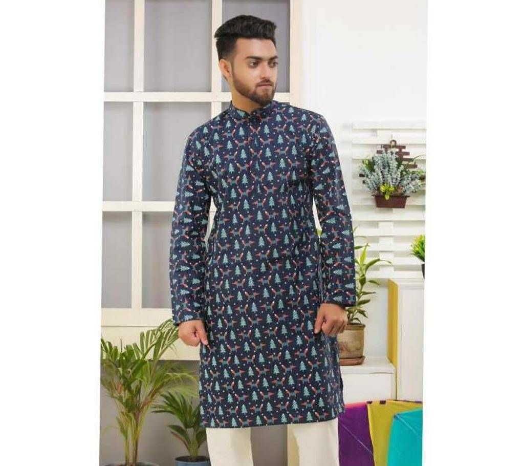 Cotton Casual Semi Long Tree Design Printed Punjabi for Men