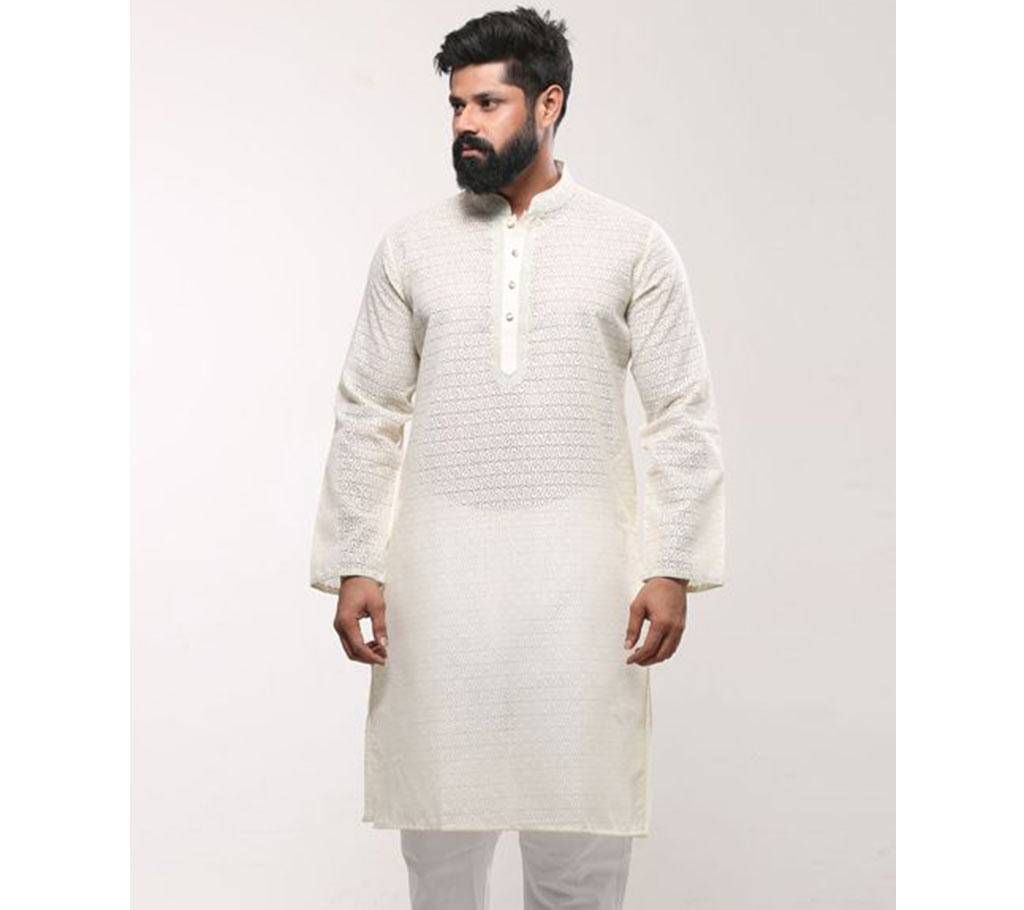 Mens Cotton Punjabi - Off White Water print Embroidery