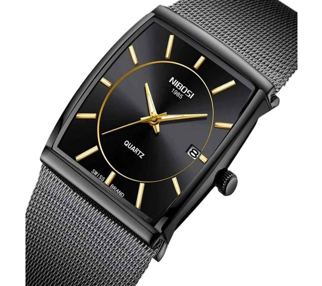 NIBOSI NI -2338 Square Quartz Waterproof Date Clock Black Mesh Stainless Steel Wrist Watch For Men 2019