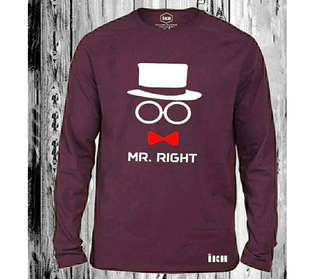 Mr. Right Full Sleeve T-Shirt for Man Maroon - 100% Cotton