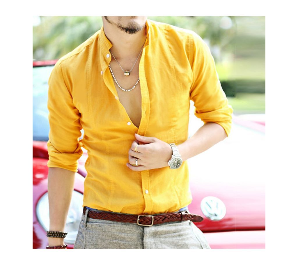 Yellow Cotton Casual Shirt For Men