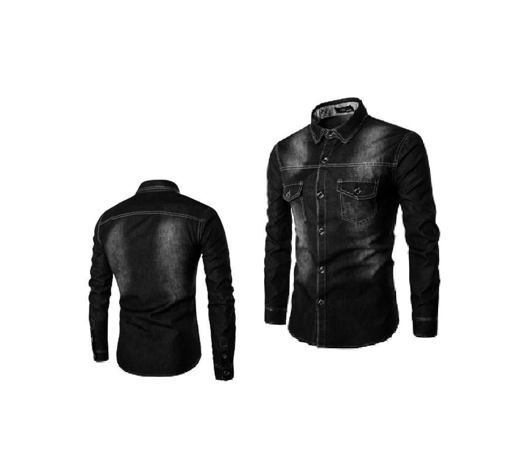 New Casual Black Denim Long Sleeve  Shirt for Men  001  UPF