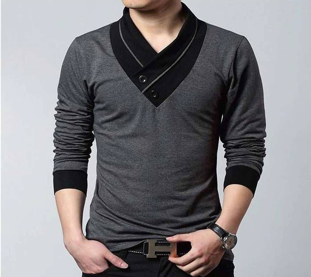 Grey Cotton Long Sleeve T-Shirt For Men