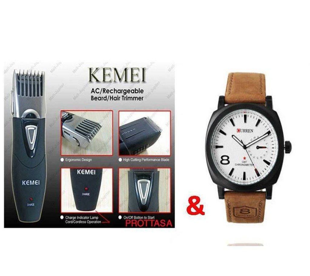 Kemei KM-3060 Shaver + Curren Gents Watch Combo