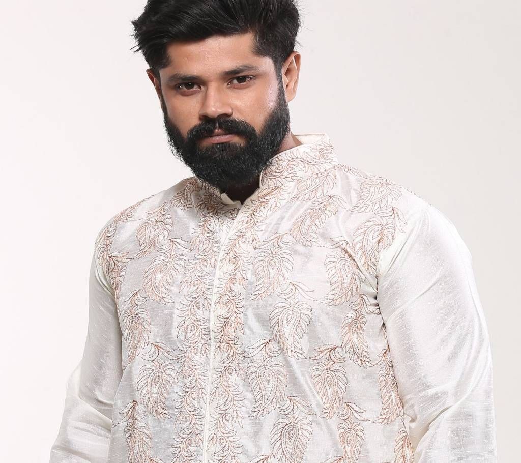 Mens Cotton Punjabi - White Silk Red Embroidery