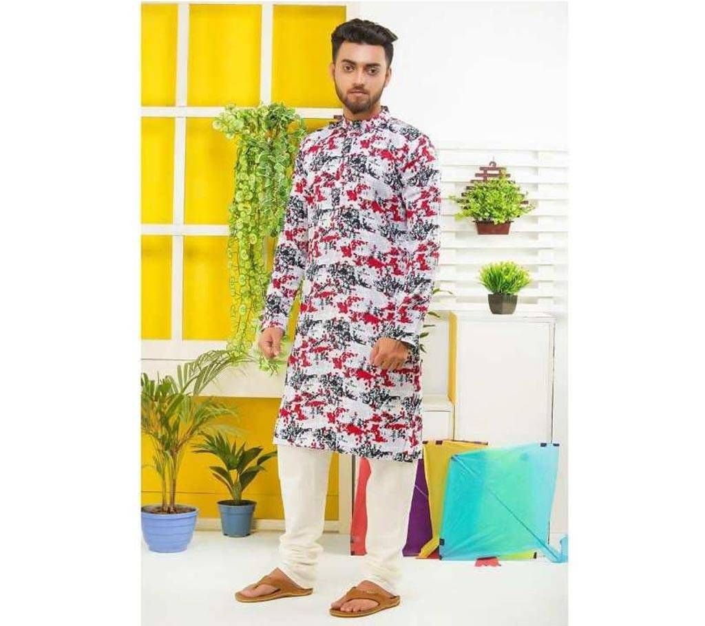 Cotton Casual Semi Long White and Red Multi Design Printed Punjabi for Men