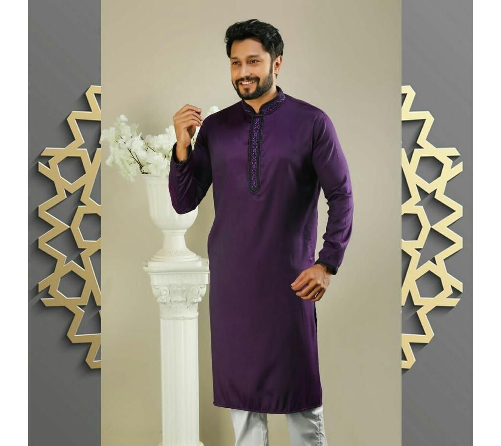 Men's Semi Long Panjabi Deep Purple with Black Design in Neck