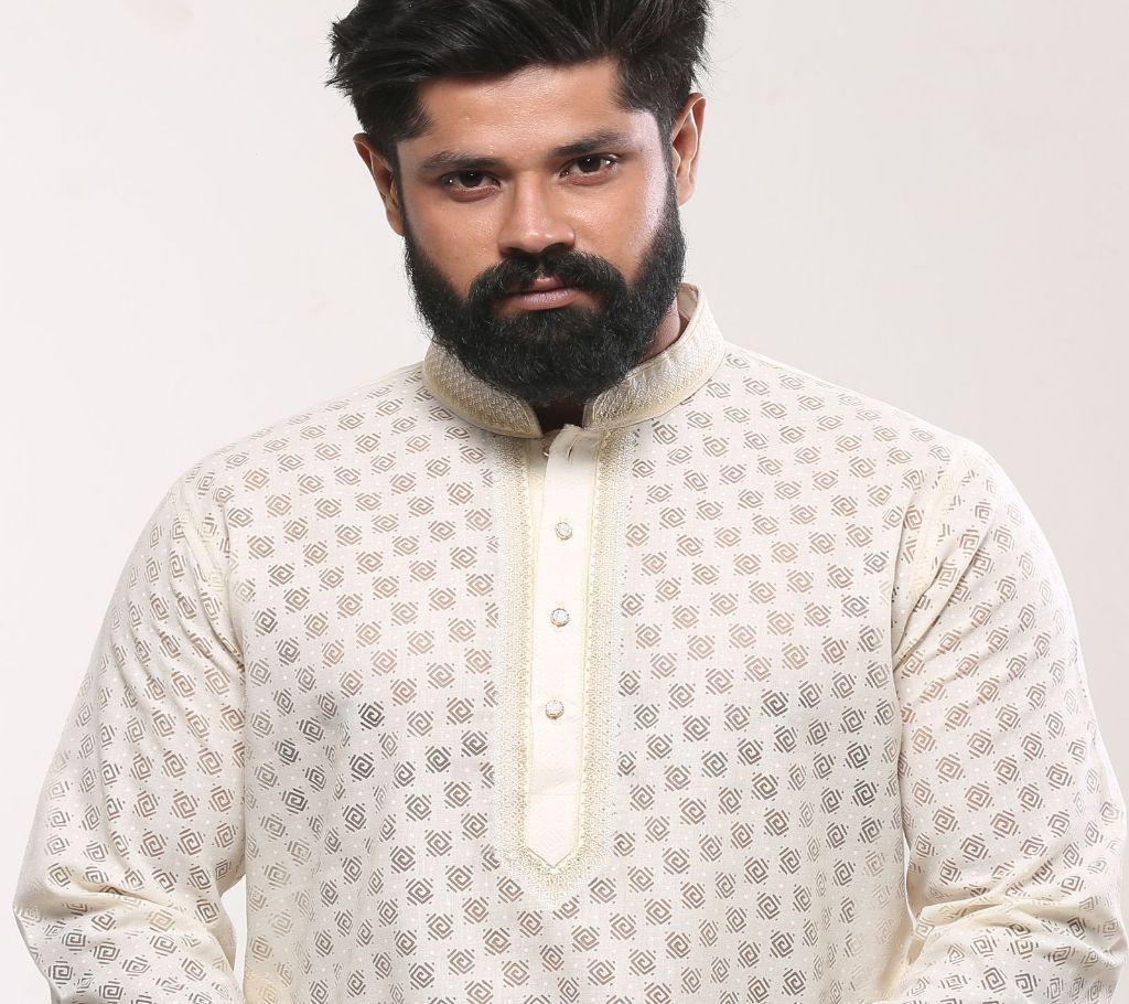 44 - Mens Cotton Punjabi - Off White Water print Embroidery