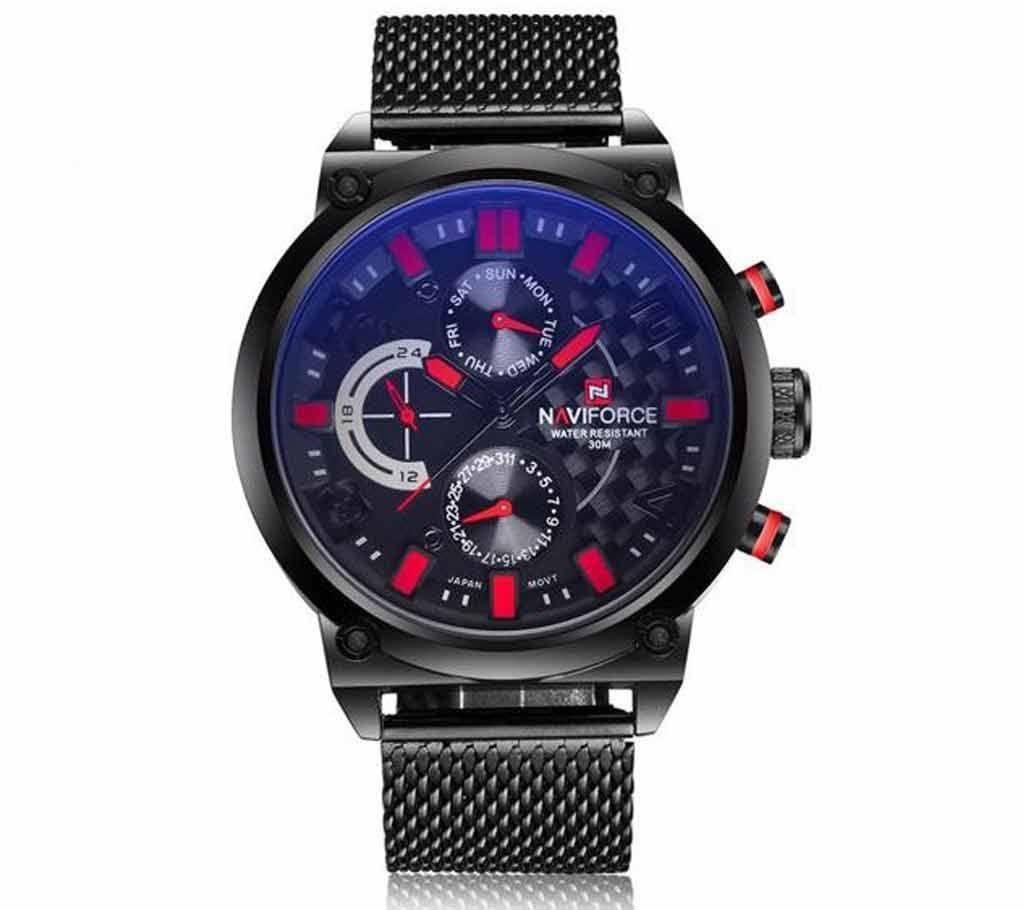 NAVIFORCE NF9068 Black Mesh Stainless Steel Chronograph Watch For Men - Black & Red