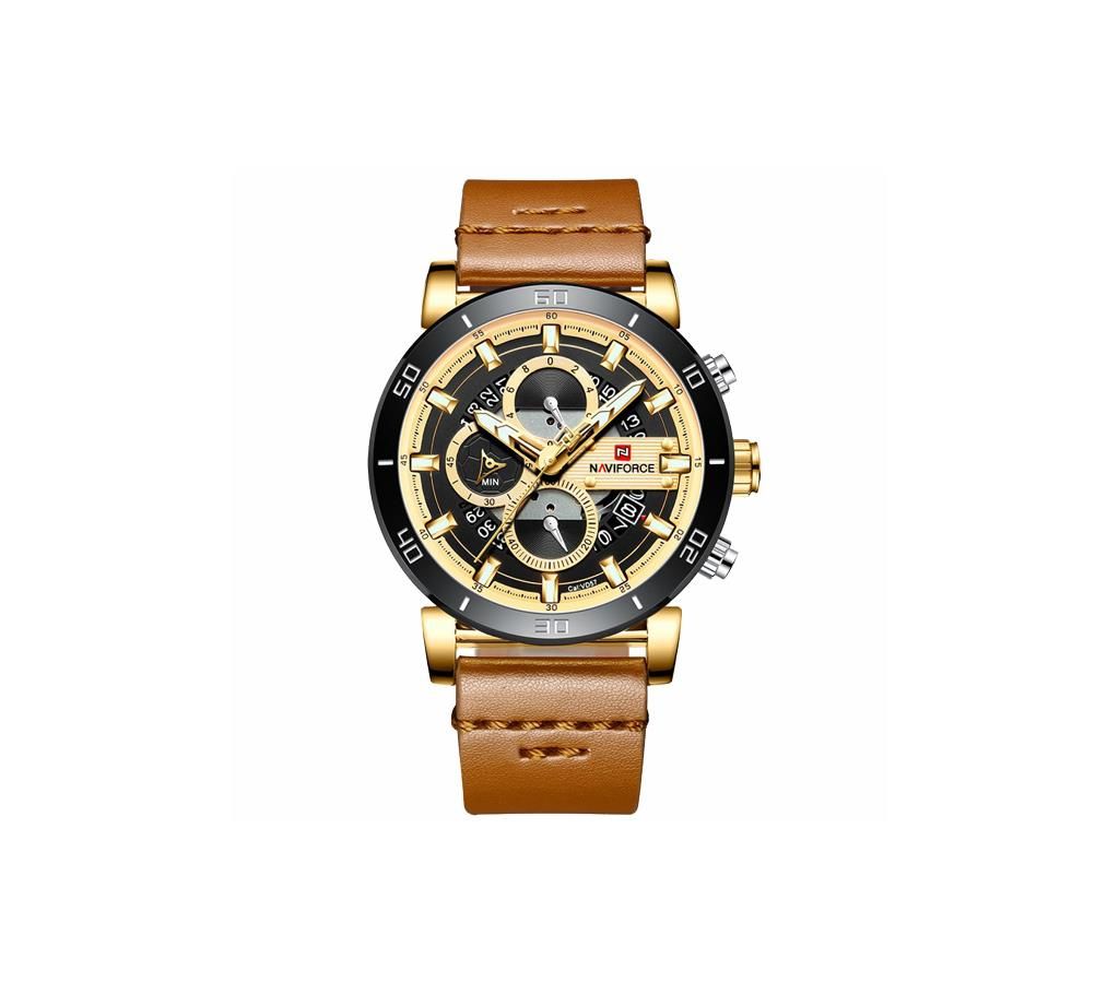 NAVIFORCE NF9131 Brown PU Leather Chronograph Watch For Men - Golden & Brown