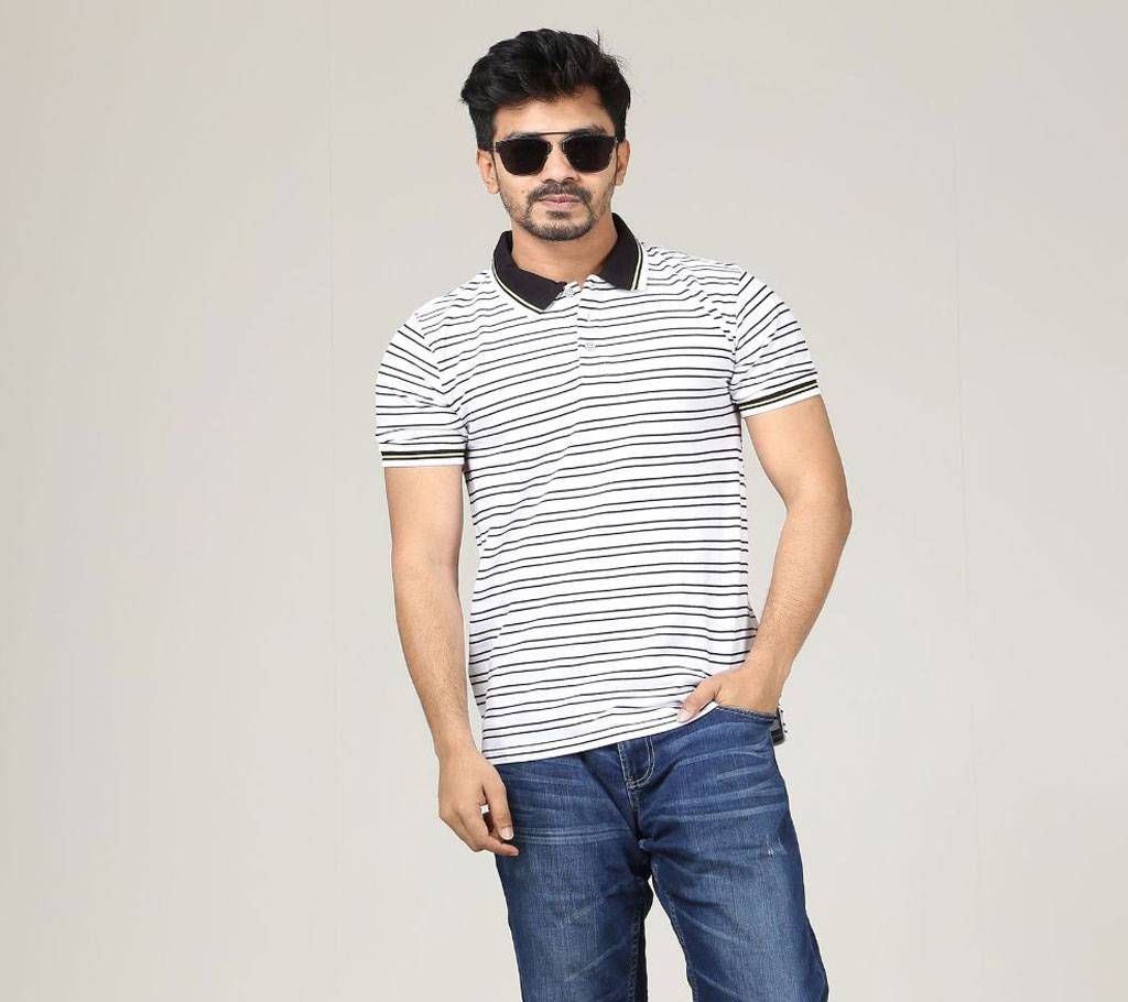 DUDE STYLE Cotton Mens Polo T-Shirt - DCP_013 - White with Black Stripe