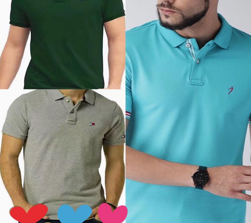 Combo Pack Of 3 Half Sleeve Polo T-Shirt. green , ash, sky blue