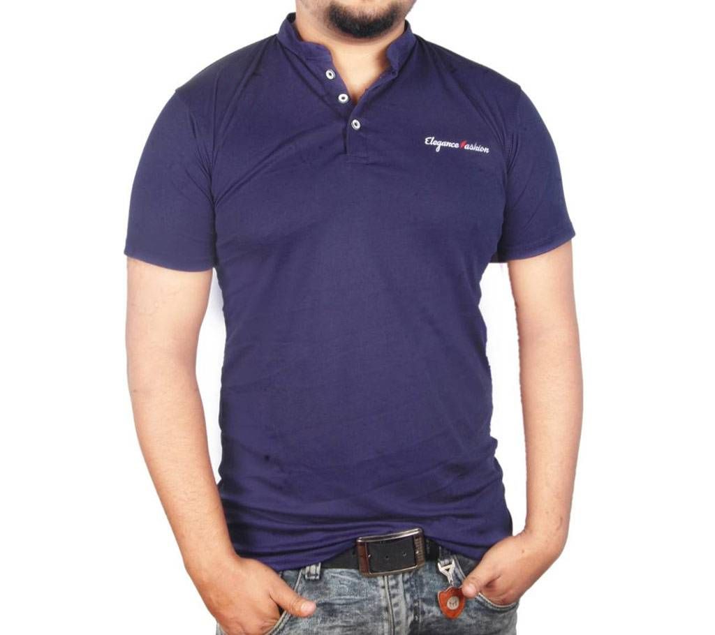 Half Sleeve Band Collar T Shirt For Mens-Navy Blue