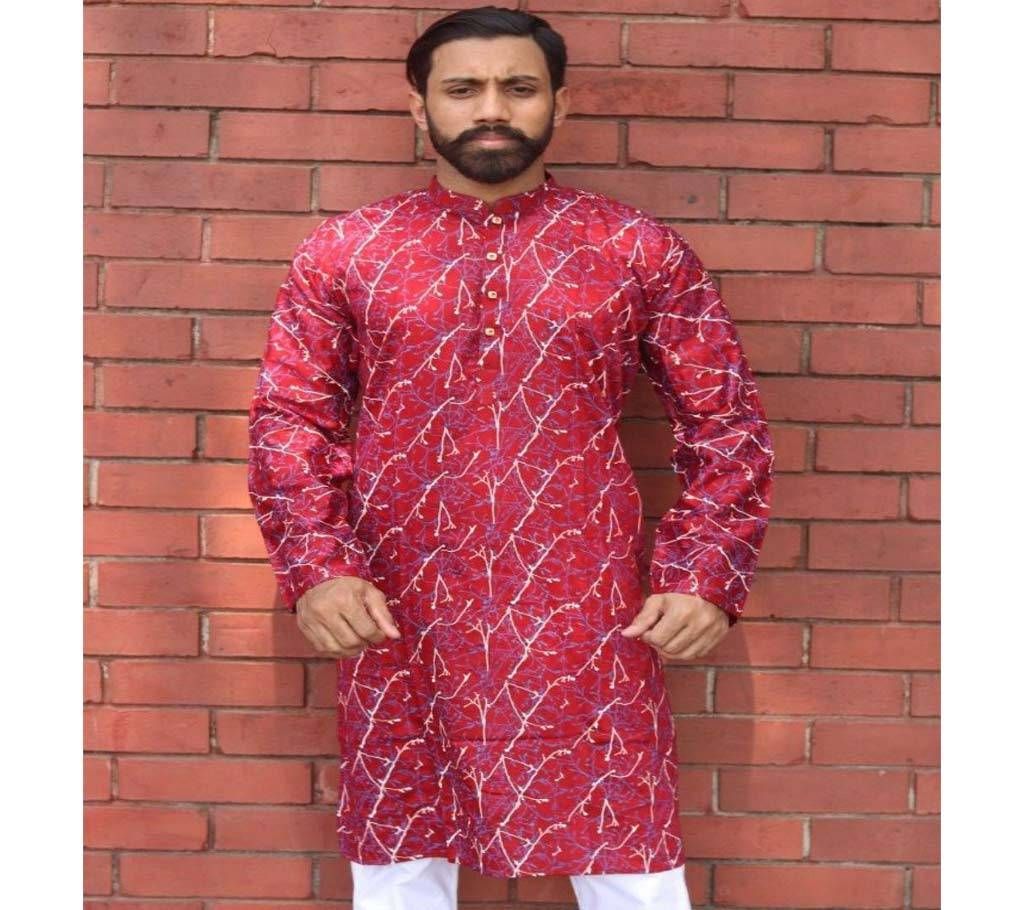 Menz Semi Long Panjabi - Maroon Color With White And Gold Leaf Print - 190217