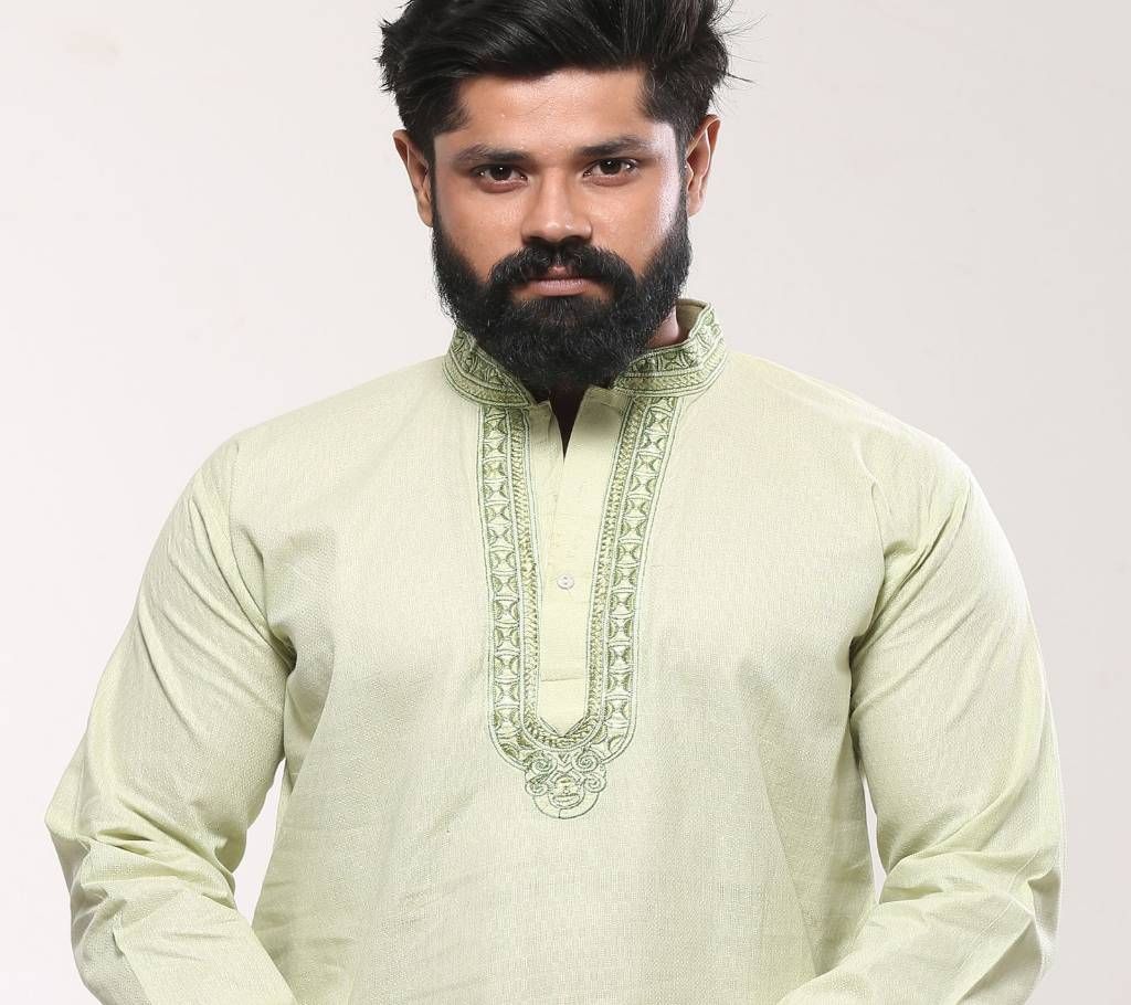 Mens Cotton Punjabi - Lemon Green Embroidery