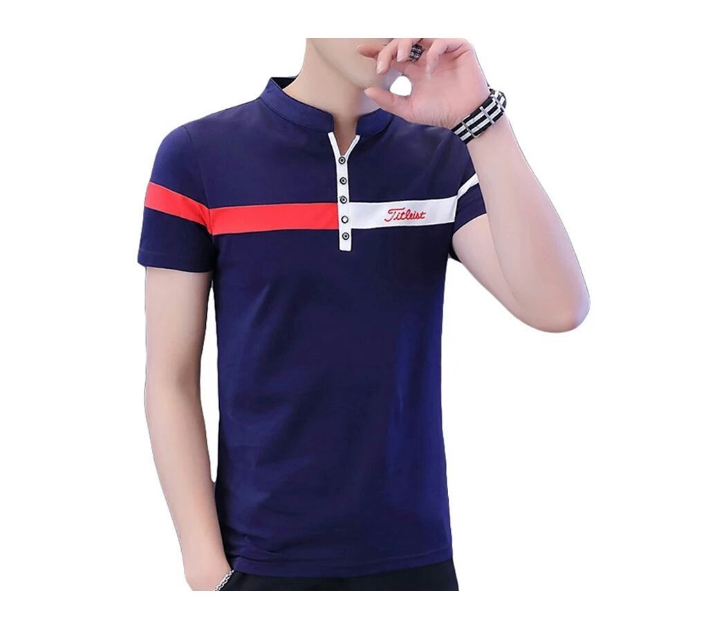 Cotton Half Sleeve Polo Shirt For Men-Blue And Red Stripe 