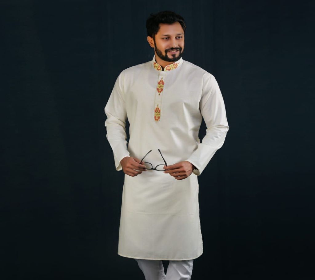 Mens Semi Long Panjabi - 30 - Cream Off White with Beautiful Orange and Green Design in Neck