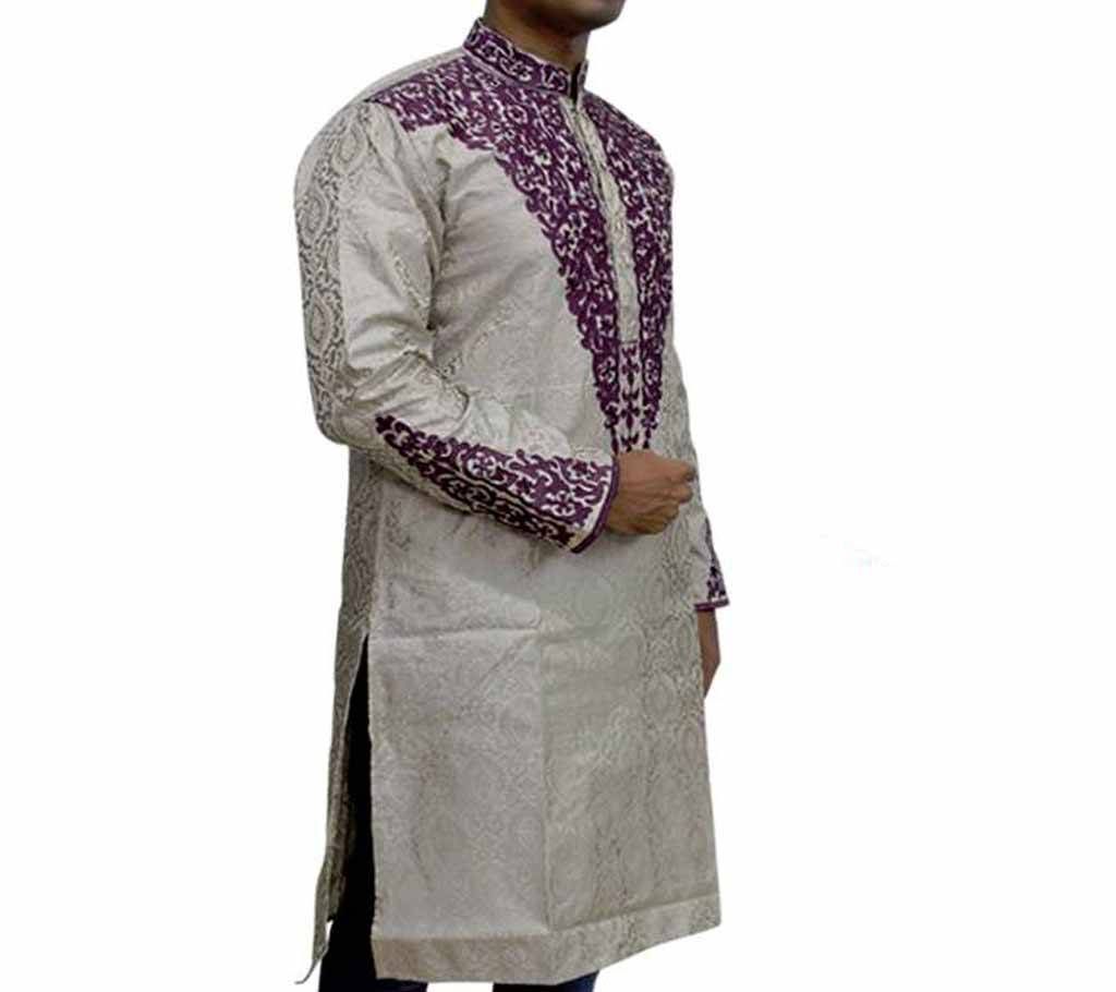 V Katan Semi Long Panjabi for Men - Cream