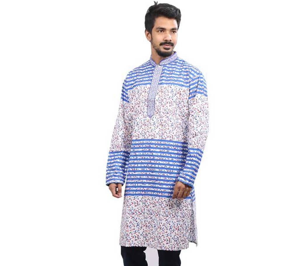 Blue and White Printed Cotton Panjabi For Men