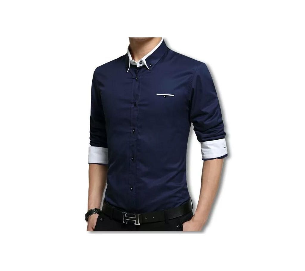 Navy Blue Long Sleeve Casual Shirt For Men  007  Upf