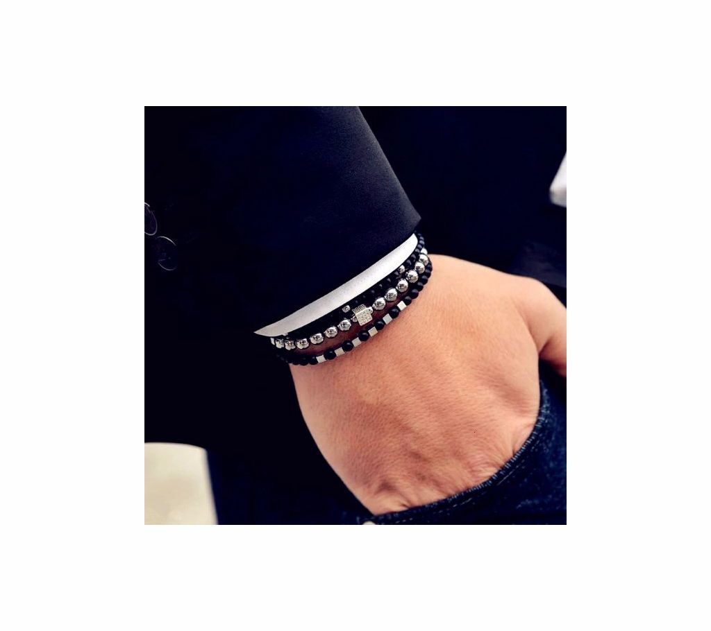 3 Pcs/Set Elastic Cube Matte Black Stone Bead Bracelet For Men