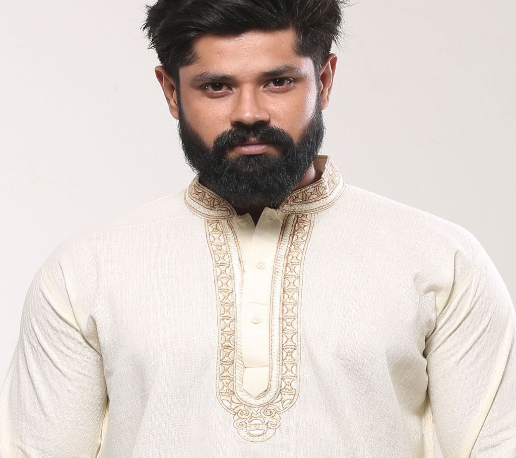 44 - Mens Cotton Punjabi - White Beige Embroidery