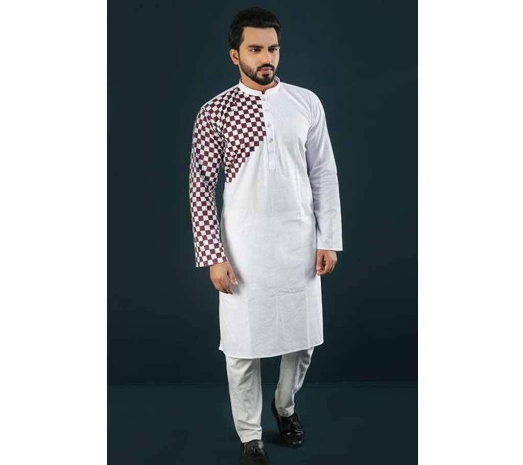 Semi Long Panjabi White With Cream One Hand Side Design Color