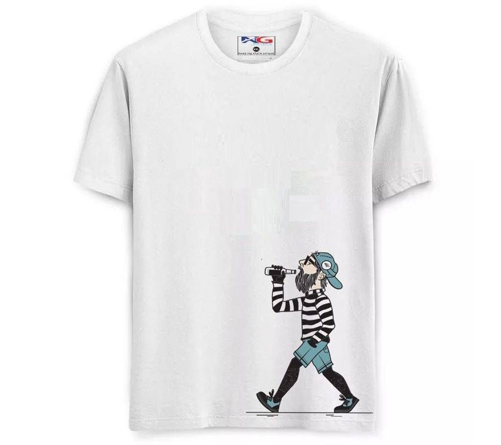 Rubber Print Summer T-shirt - 569 - Off White - Small A Man Drinking - LEB